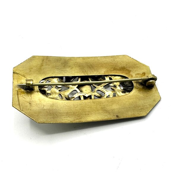 XL Art Nouveau Brass Brooch with Green Foil-Back Glass Stone — EUC - Picture 4 of 9